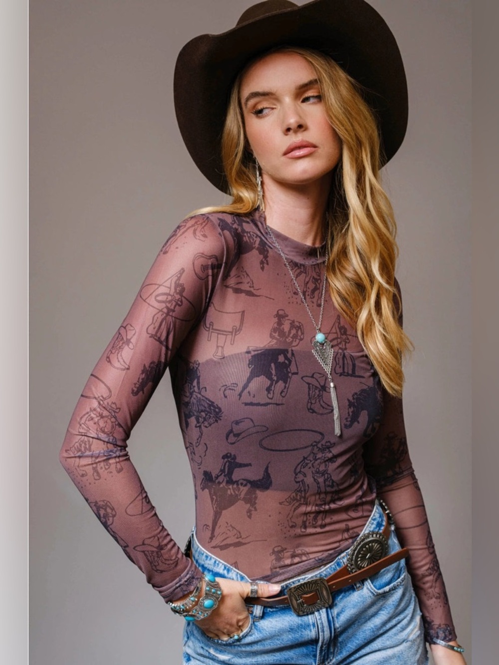 Western Cowgirl Print Mock Neck Long Sleeve Mesh Top - Blue B - Picture 1 of 8
